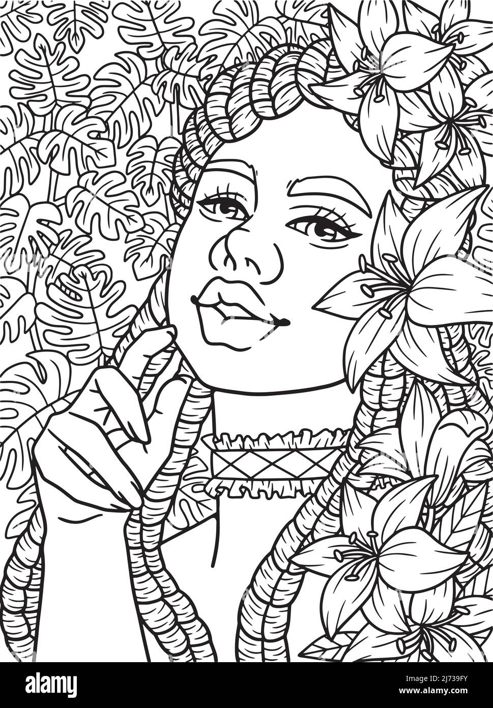 Afro American Flower Girl Adult Coloring Stock Vector