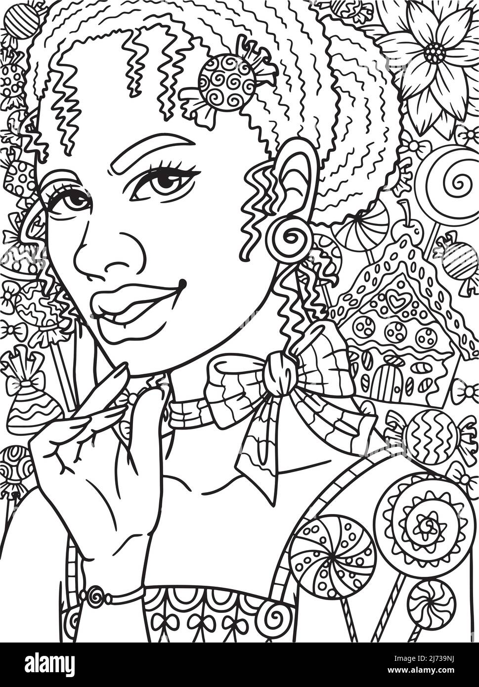 Afro American Woman Candy Adult Coloring Stock Vector