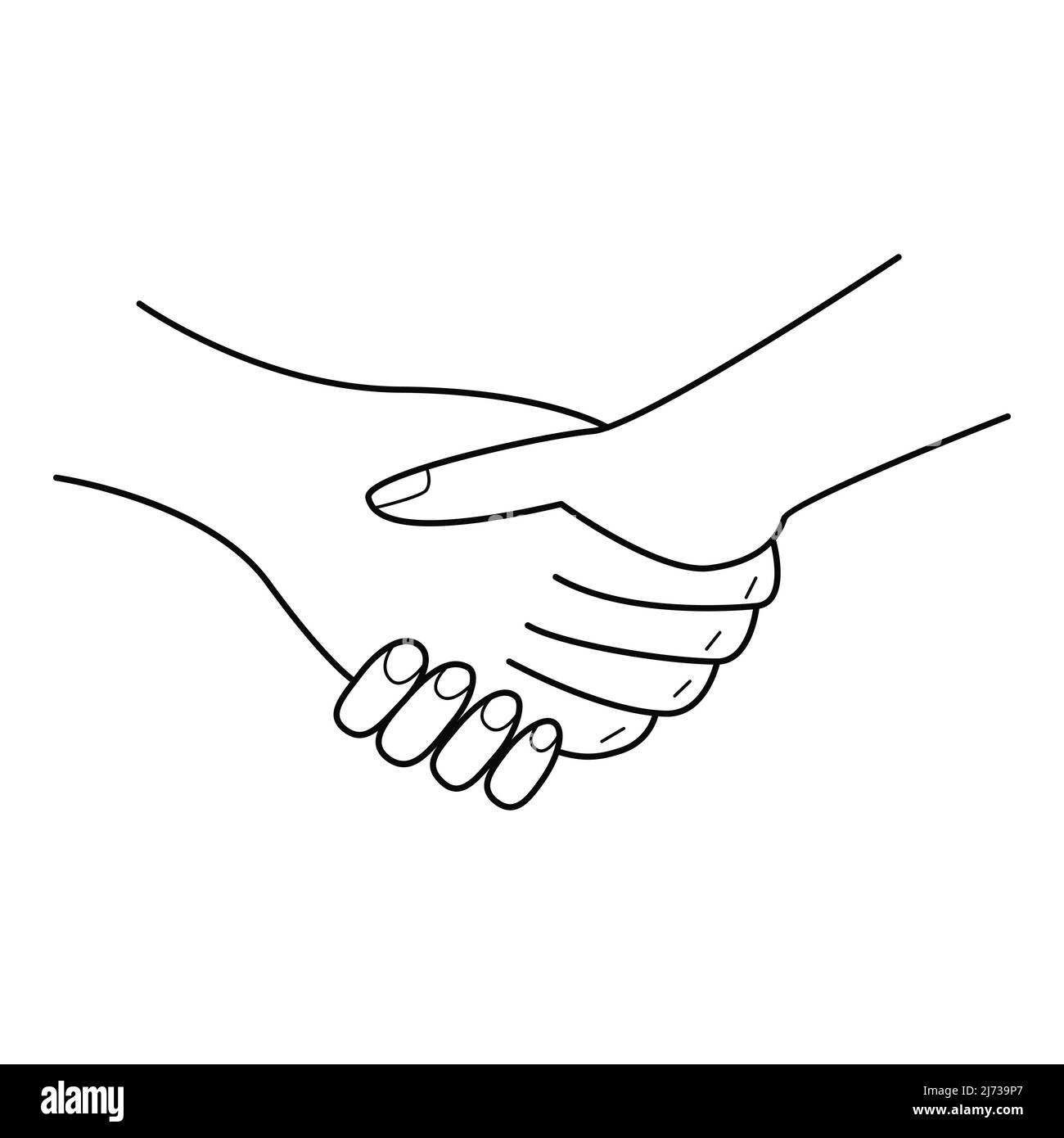 The hand shakes the hand. A handshake gesture. A symbol of the conclusion of a contract, transaction, consent, greeting. Hand-drawn black and white ve Stock Vector