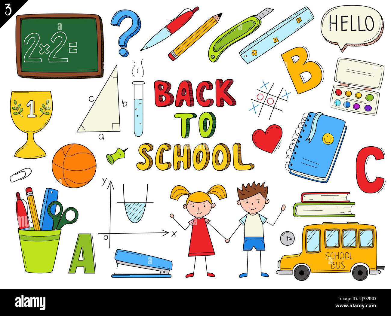 Set of doodle outline icons back to school. School items, supplies, stationery, Hand-drawn black and white vector illustration. Design elements are is Stock Vector
