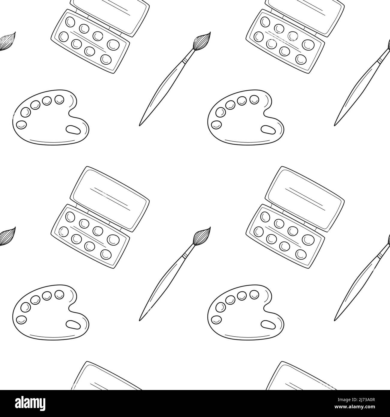 School simple seamless pattern with a palette, paints and a paint brush. Art, drawing. Black and white background with isolated hand-drawn doodle outl Stock Vector