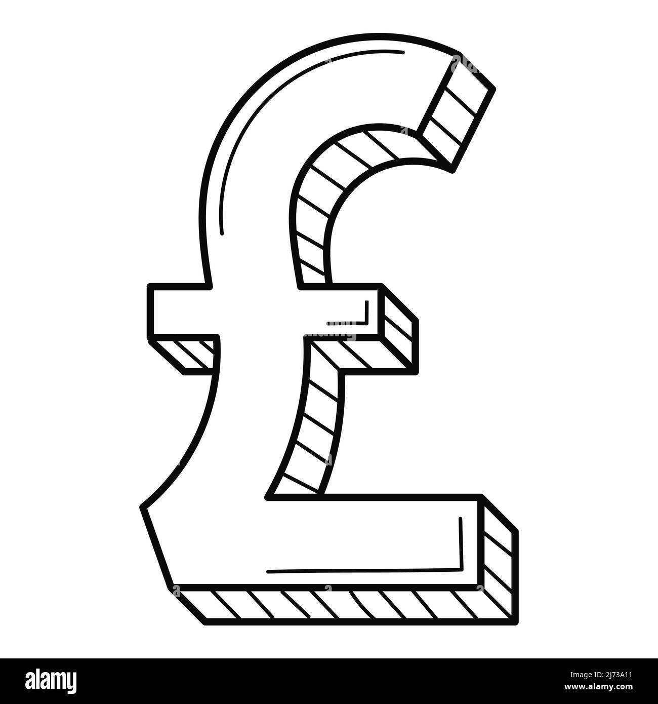 Three-dimensional symbol of the pound sterling. The British currency. Linear icon, sign. Hand-drawn black and white vector illustration. Isolated on a Stock Vector