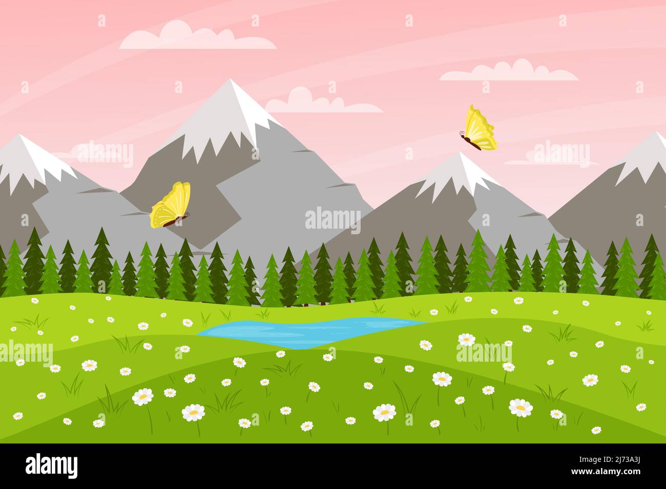 Horizontal spring summer landscape. Sunset sky. Mountains, lake, forest