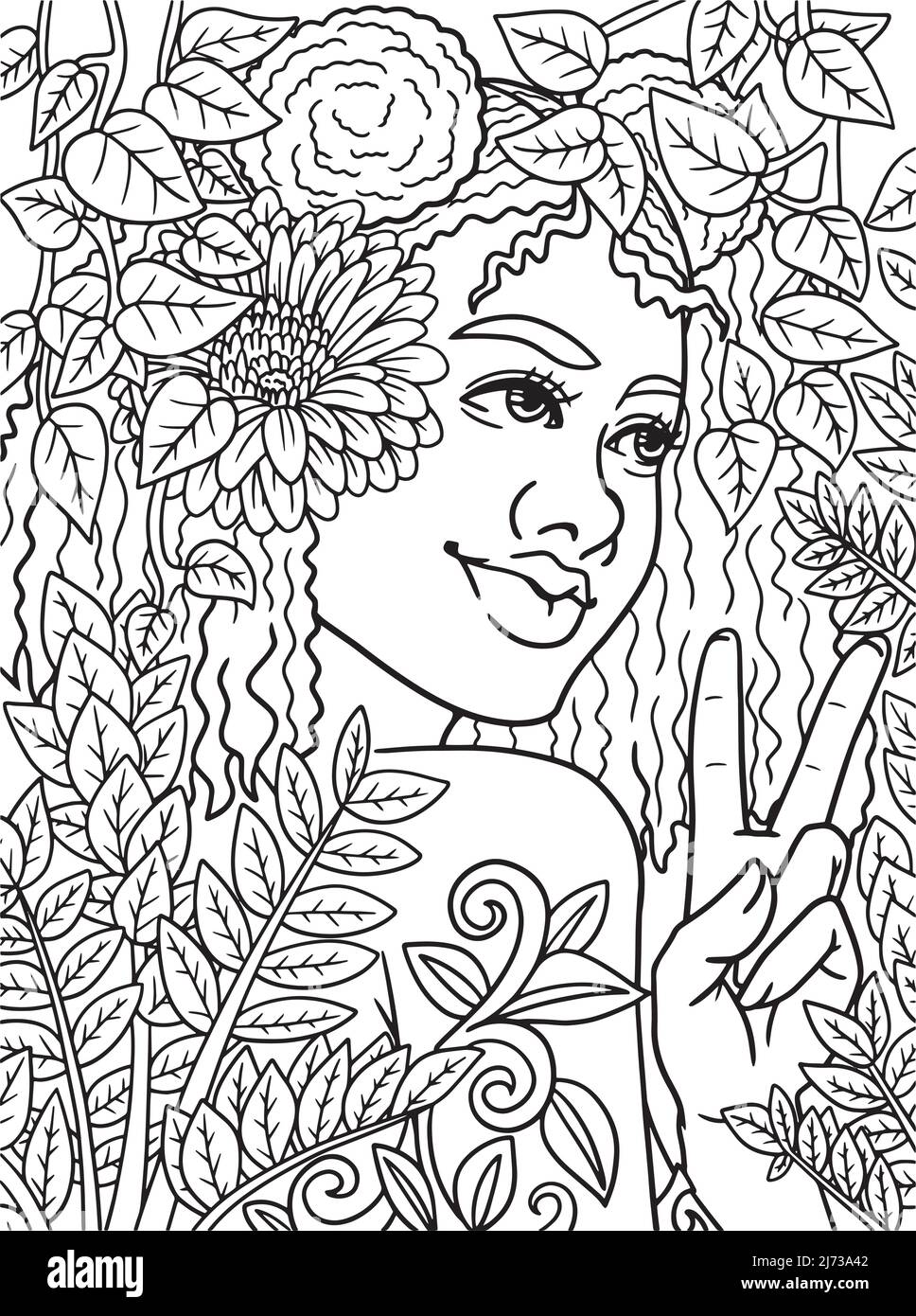 Afro American Beautiful Woman Adult Coloring Page  Stock Vector