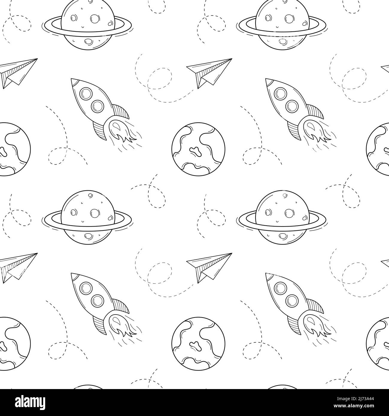 Seamless pattern with space objects, rocket, plane, air trail, planet, earth, saturn. Hand-drawn outline elements. Monochrome design. Black and white Stock Vector