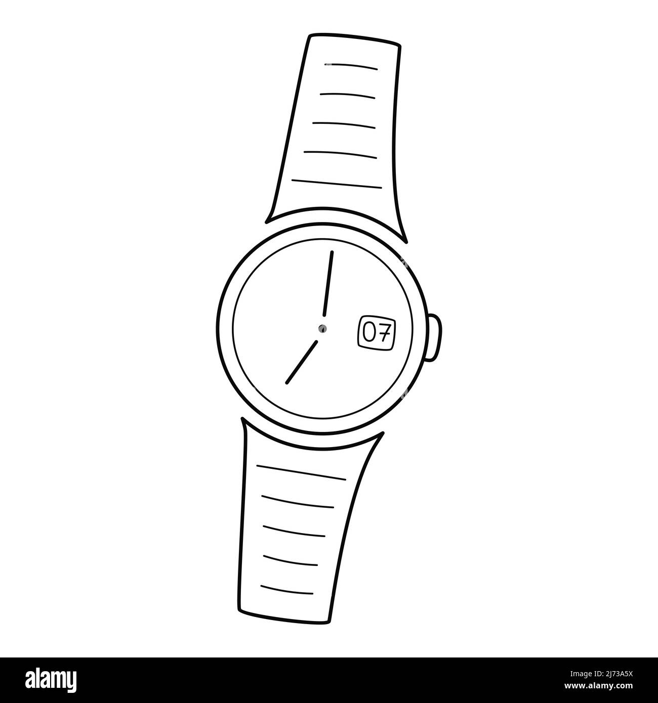 Mechanical analog round wrist watch with hands. Watch with a bracelet. Linear icon. Hand-drawn black and white vector illustration. Isolated on a whit Stock Vector