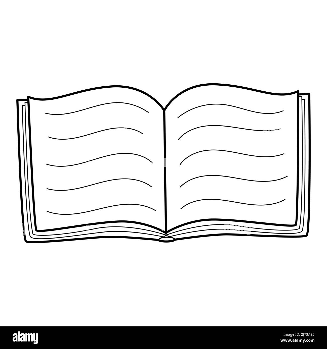 An open book with text. Doodle. Hand-drawn black and white vector illustration. Symbol of study, learning, education, school. Design elements are isol Stock Vector