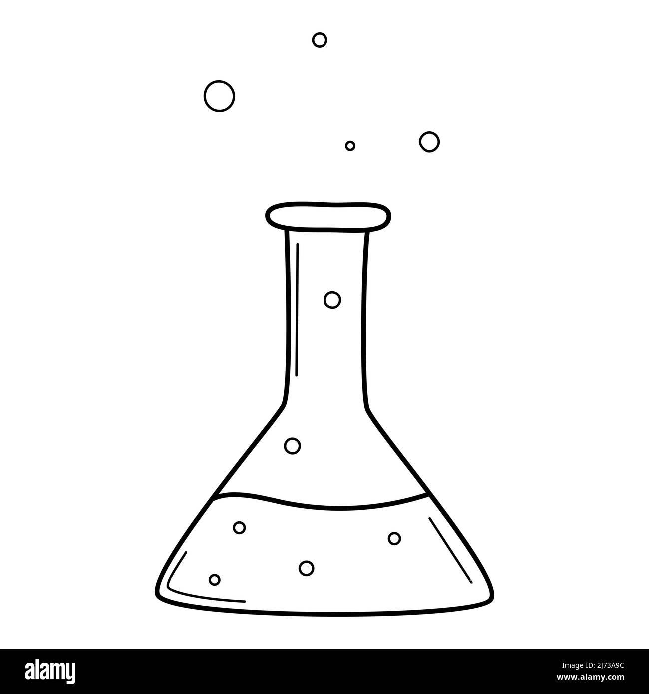 A test tube with liquid. Chemical equipment. Doodle outline style. Hand-drawn black and white vector illustration. The design elements are isolated on Stock Vector