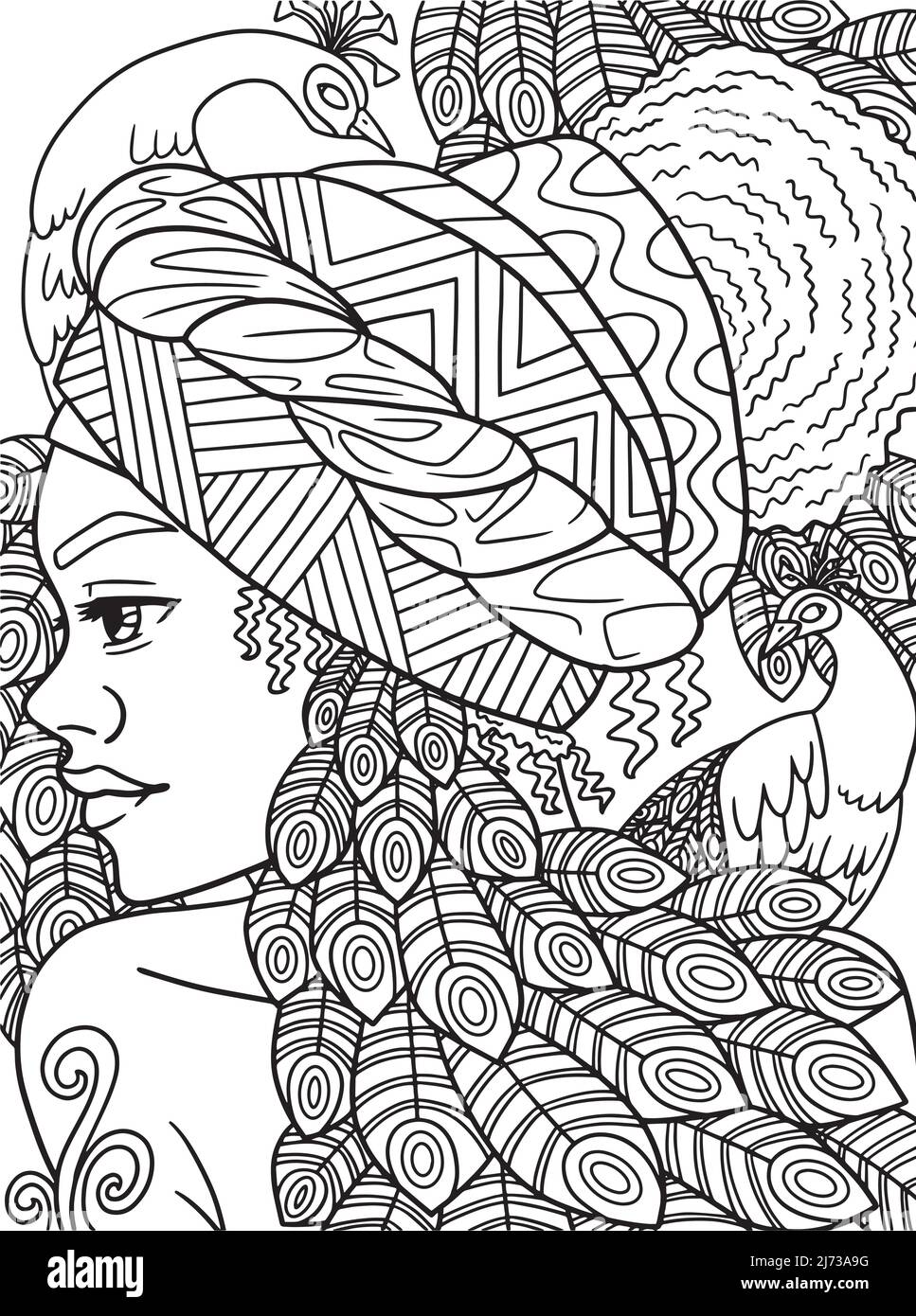 Afro American Woman With Bird Adult Coloring Page  Stock Vector