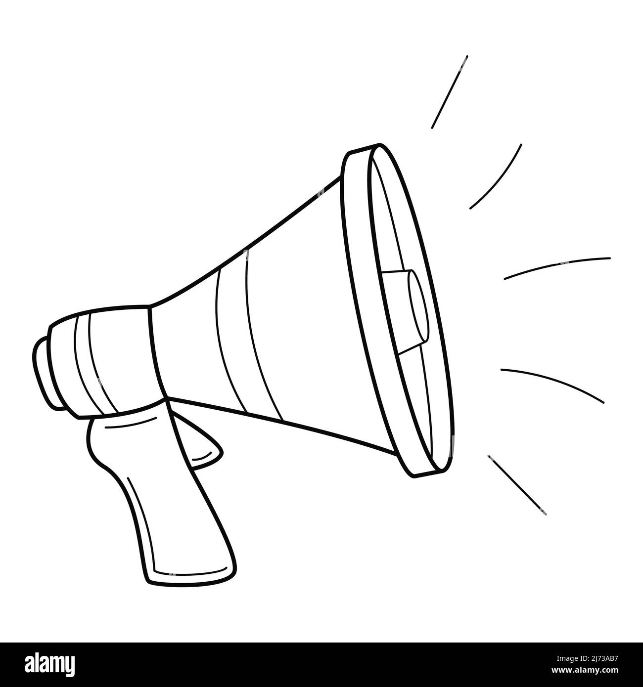 Loudspeaker, megaphone, horn. Broadcasting of news, messages. Hand-drawn black and white vector illustration. Isolated on a white background. Stock Vector
