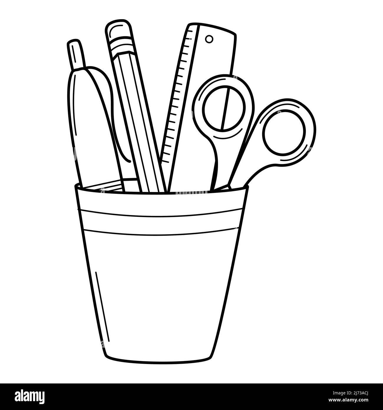 Pencil holder with a ruler, scissors, pen, pencil. Doodle style. Hand