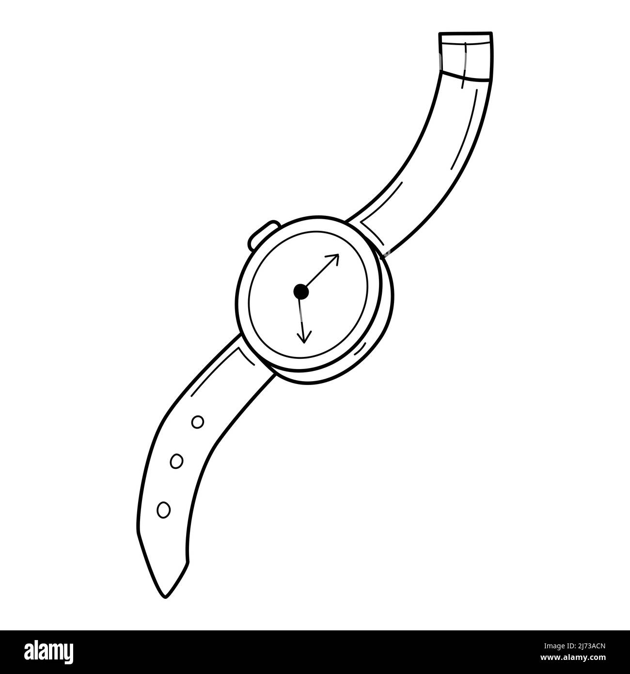 A wrist watch with a strap. Doodle style. Hand-drawn black and white vector illustration. The design elements are isolated on a white background Stock Vector