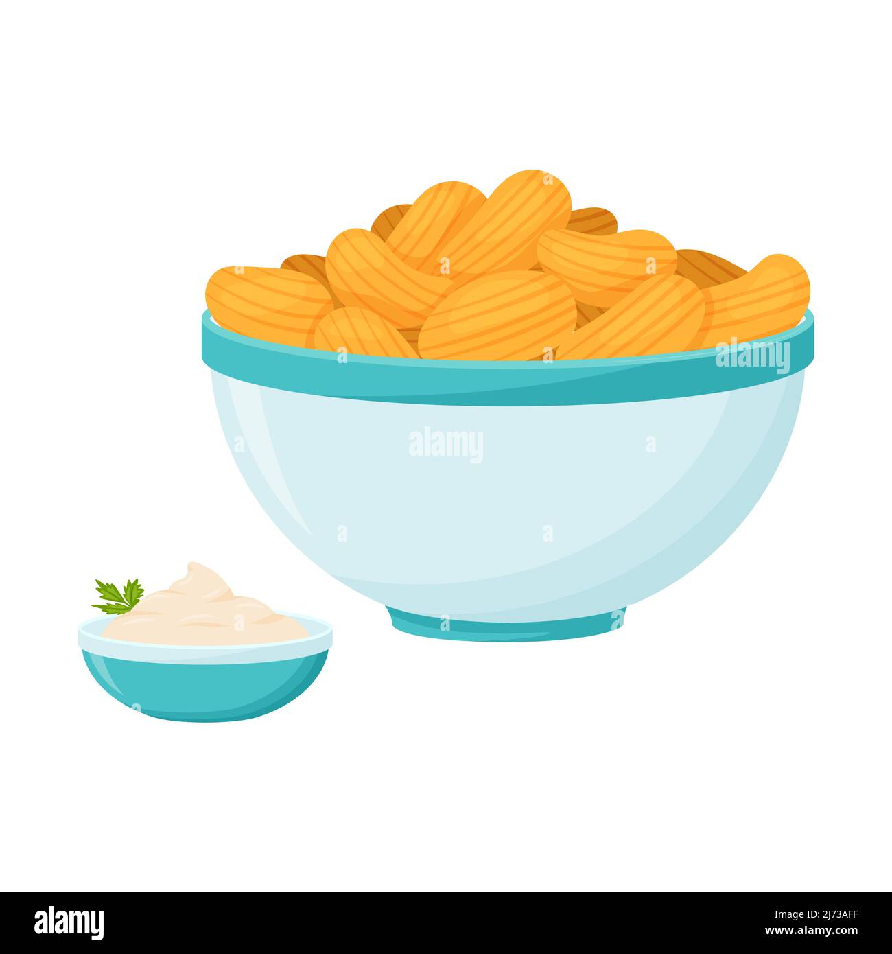 A blue bowl with potato chips and white sour cream sauce with herbs. Fast food, snack, bad for