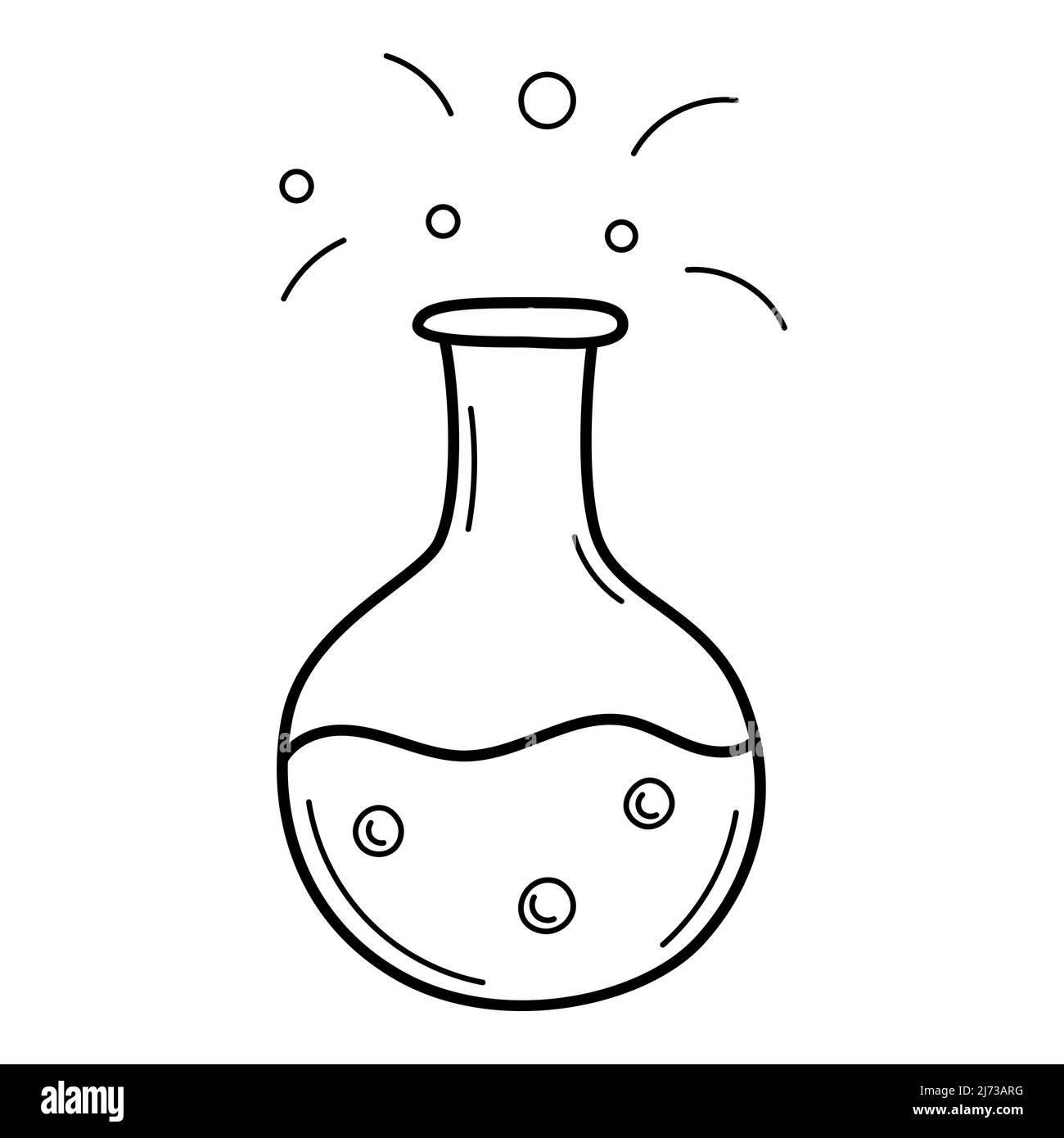 A round test tube with a liquid. Chemical equipment. Doodle outline style. Hand-drawn black and white vector illustration. The design elements are iso Stock Vector