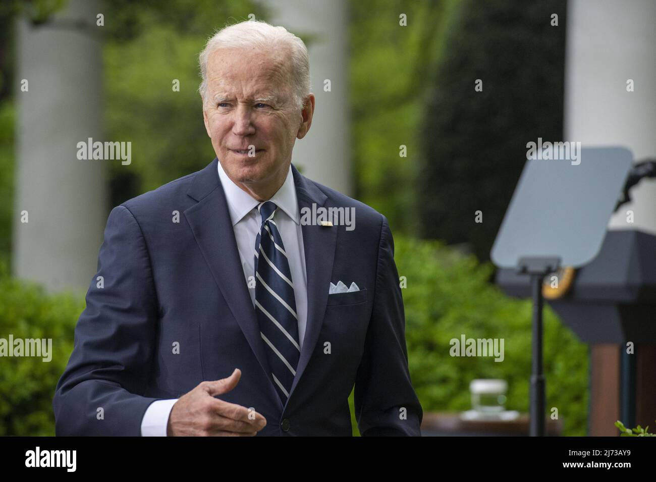 President Joe Biden approaches Mexican First Lady Beatriz Gutiérrez Müller to invite her to view his office after a Cinco de Mayo celebration in the Rose Garden at White House in Washington, DC on Thursday, May 5, 2022.      Photo by Bonnie Cash/UPI Stock Photo