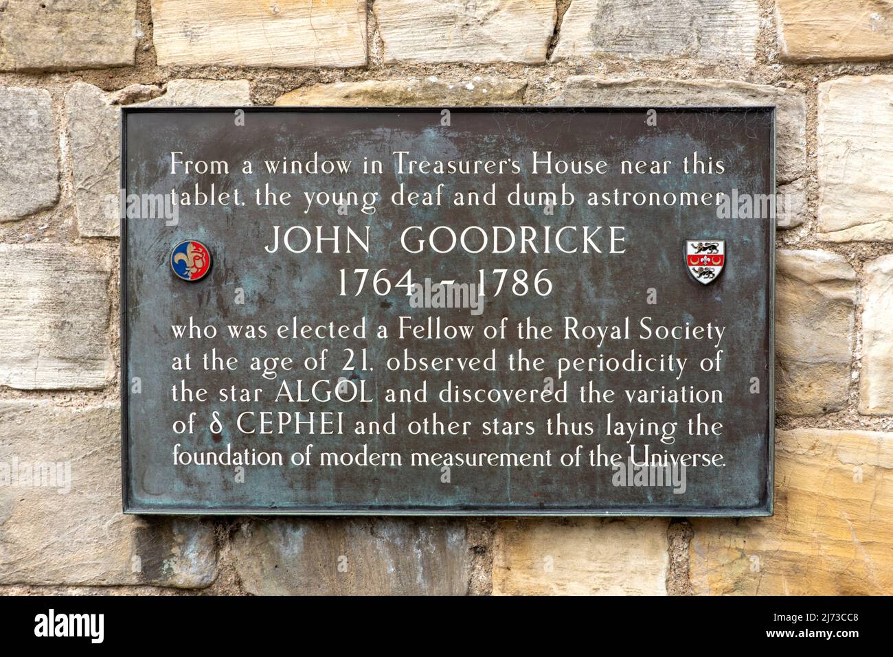 Plaque commemorating John Goodricke, Treasurer's House, York, North Yorkshire, UK Stock Photo