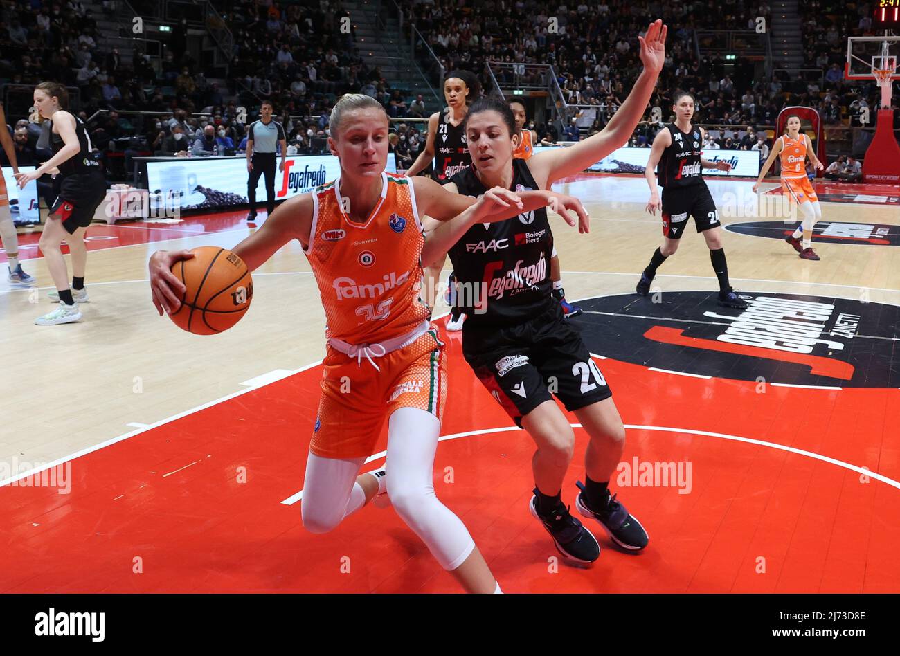 Kitija Laksa (Famila Schio Basket) (L) in action thwarted by Valeria