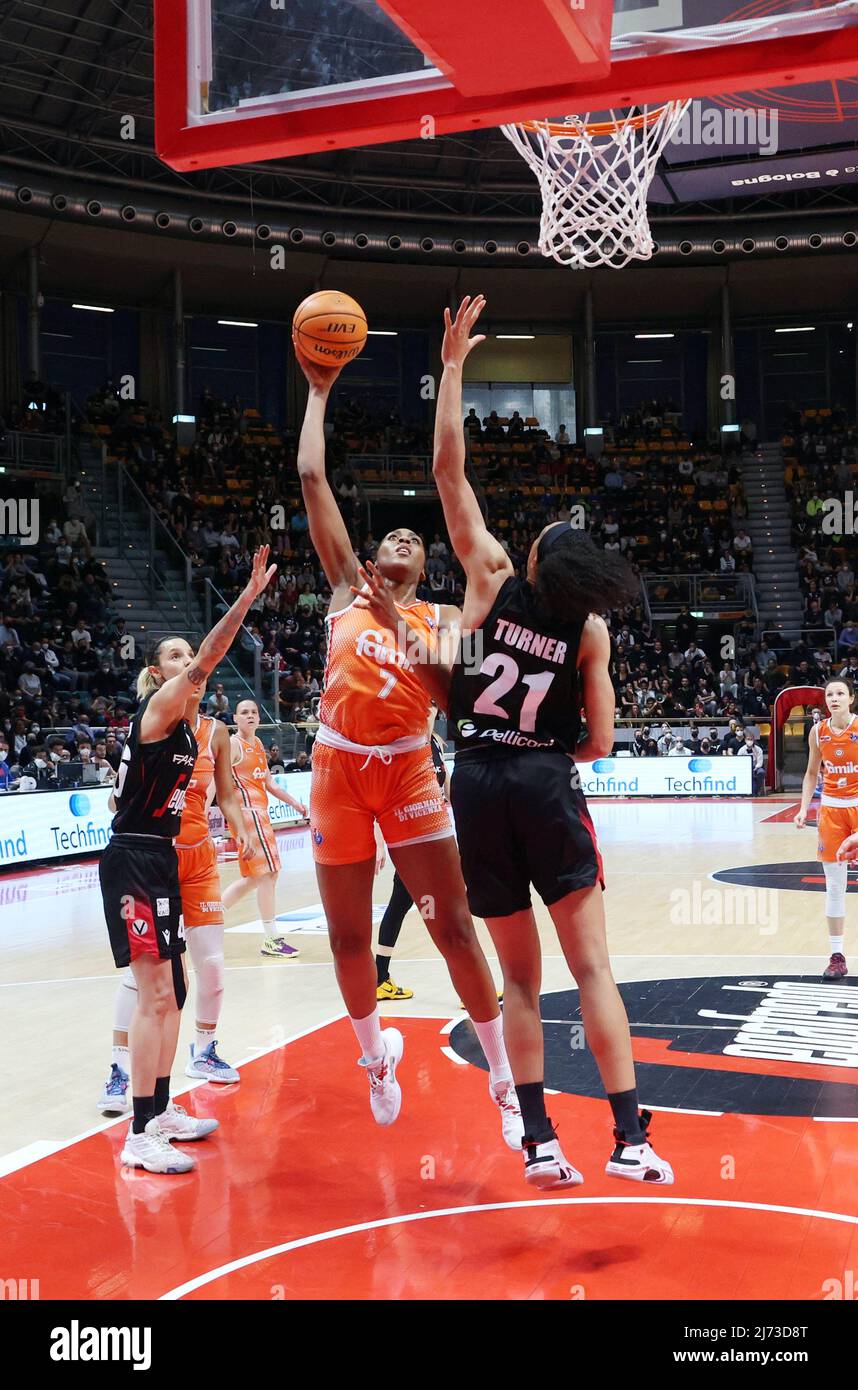 Sandrine Gruda (Famila Schio Basket) (L) in action thwarted by Brianna  Turner (Segafredo Virtus Bologna) during the game 4 final of the Italian  women's basketball championship of the A1 series playoff Virtus