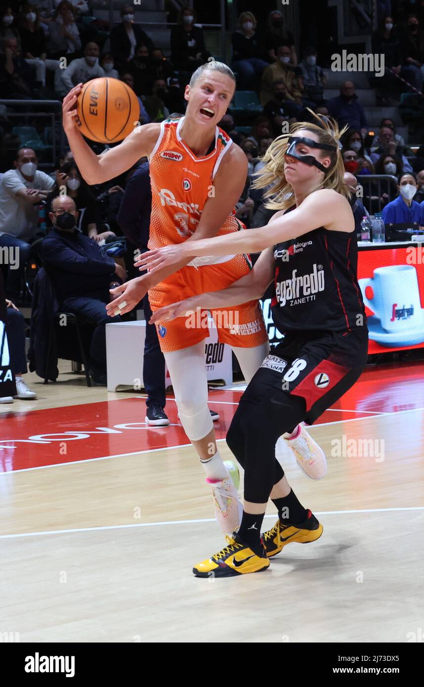 Kitija Laksa (Famila Schio Basket) (L) in action thwarted by Ivana