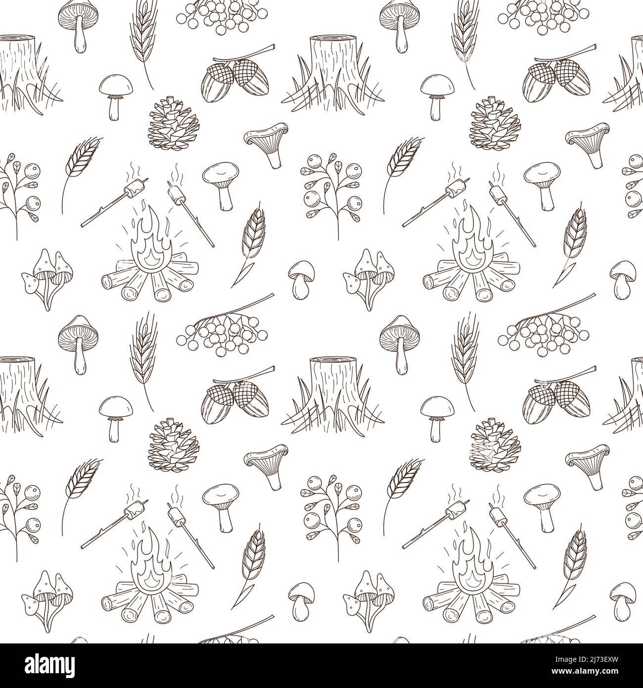 Seamless pattern with autumn, forest harvest. Pine cone, mushrooms, bonfire, stump, berry, marshmallow, acorns. Monochrome backdrop with linear outlin Stock Vector