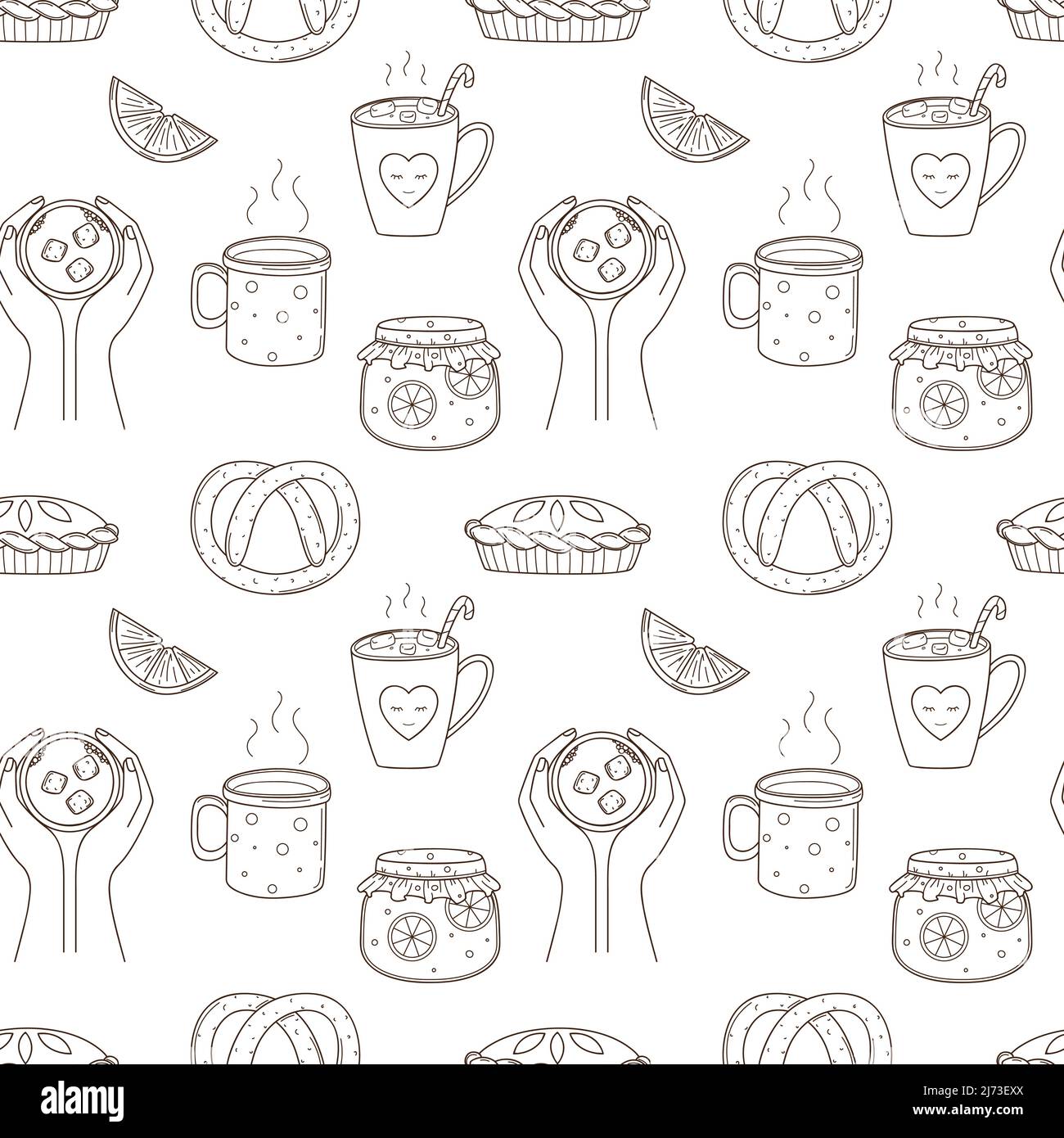 Seamless pattern with coffee, jam, cake, pretzel. Hands holding a cup of cocoa with marshmallows. Food, hot drinks,cozy autumn. Black white vector pat Stock Vector