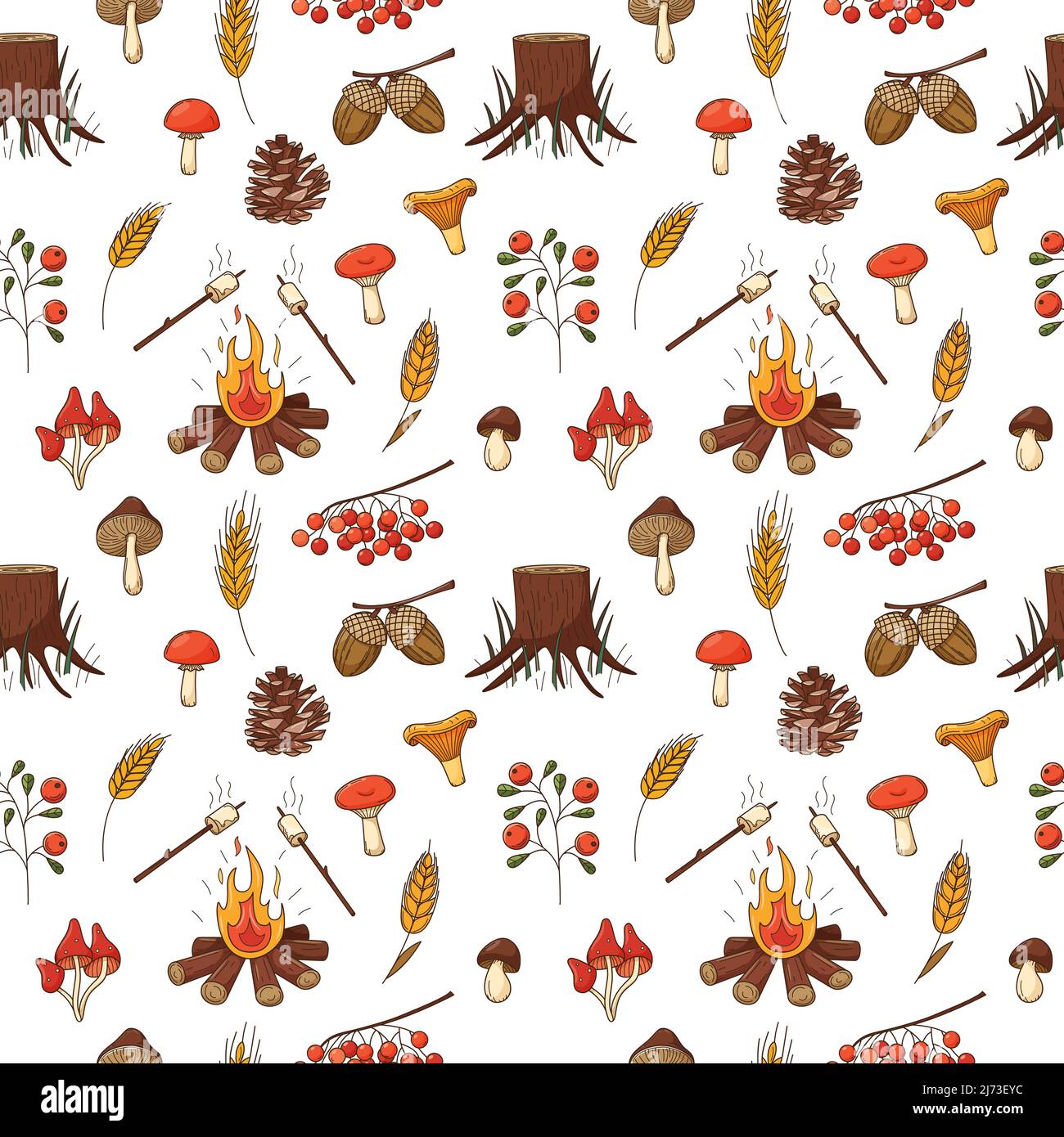 Seamless pattern with autumn, forest harvest. Pine cone, mushrooms, bonfire, stump, berry, marshmallow, acorns. Backdrop with colored doodle elements. Stock Vector