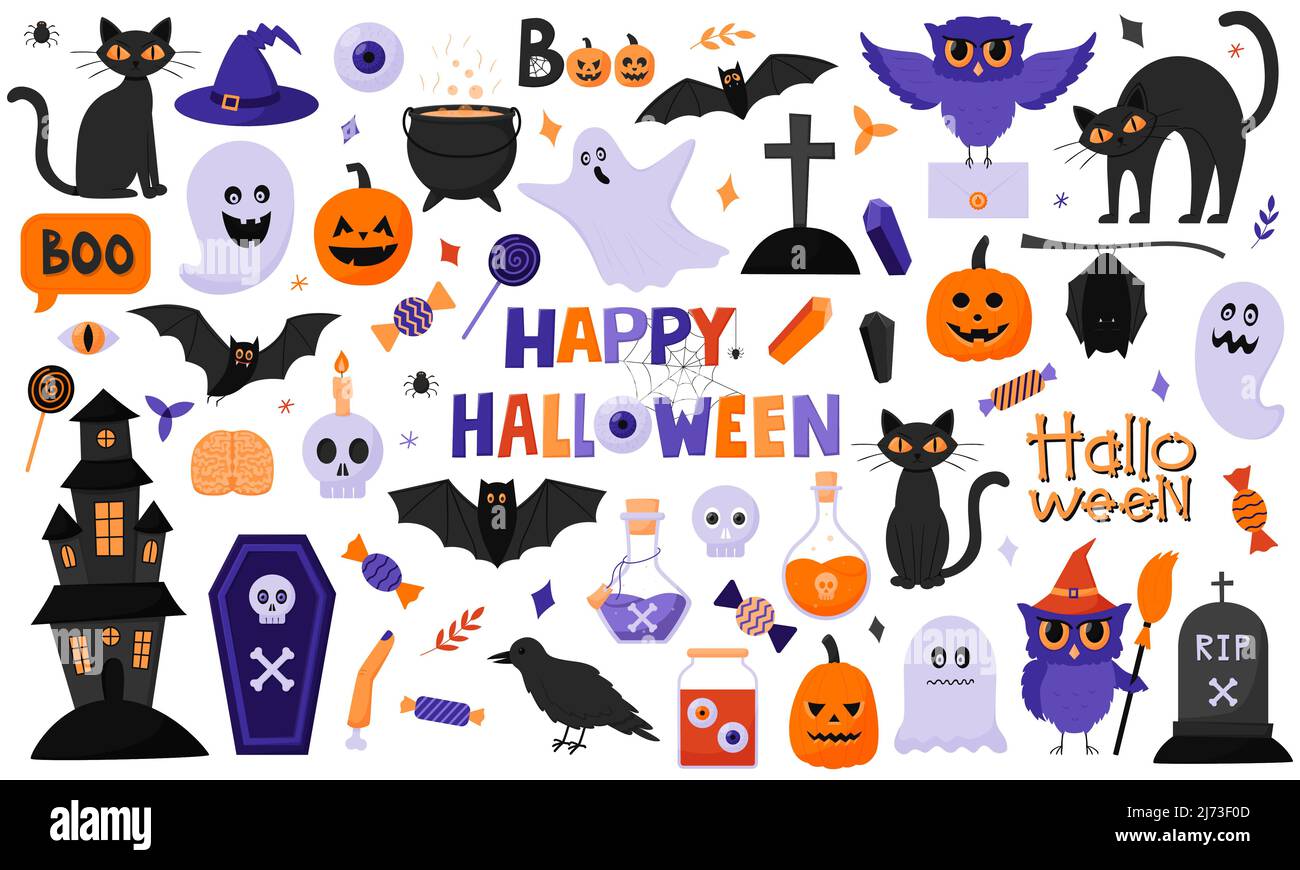 A collection of objects for Halloween. Pumpkins, owls, cats, ghosts, hat, cauldron, candy, bats. Bright purple, orange colors. Set with flat cartoon v Stock Vector