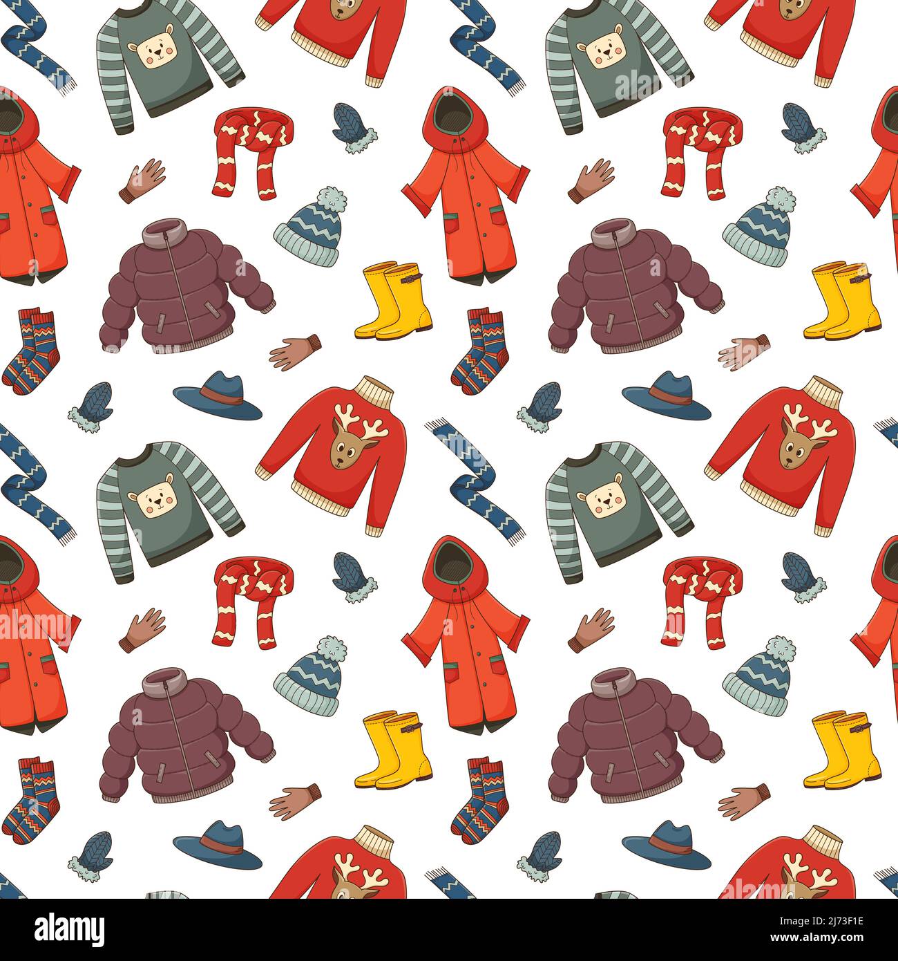 Seamless pattern with autumn warm outerwear. Clothing, rubber boots, gloves, socks. Backdrop with colored doodle elements. Bright colorful vector patt Stock Vector