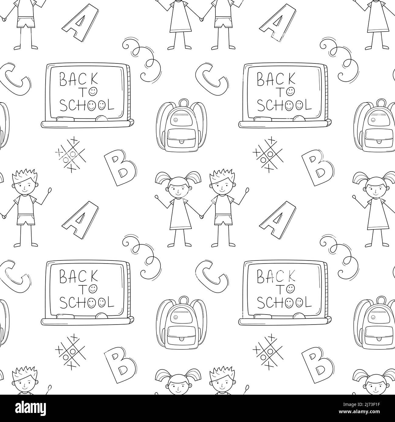 A simple seamless school pattern with cute boy and girl drawn in a childish style. Blackboard, backpack, letters. Black and white background with isol Stock Vector