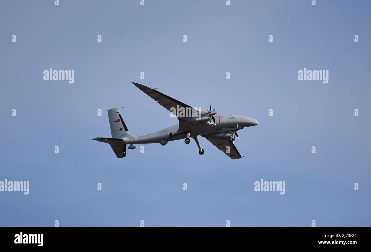 Bayraktar Akıncı is a High-Altitude Long-Endurance (HALE) Unmanned Combat Aerial Vehicle (UCAV)  Teknofest Airshow 2021 Stock Photo