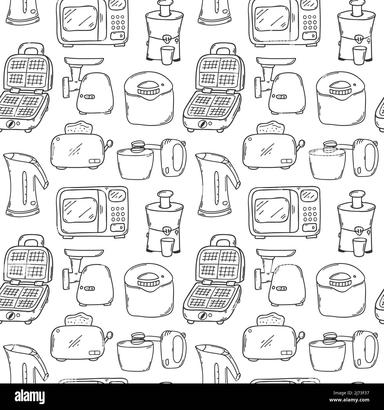 Seamless pattern with kitchen appliances. Microwave, kettle, toaster, steamer, waffle iron, mixer. Monochrome backdrop with simple hand-drawn Outline Stock Vector