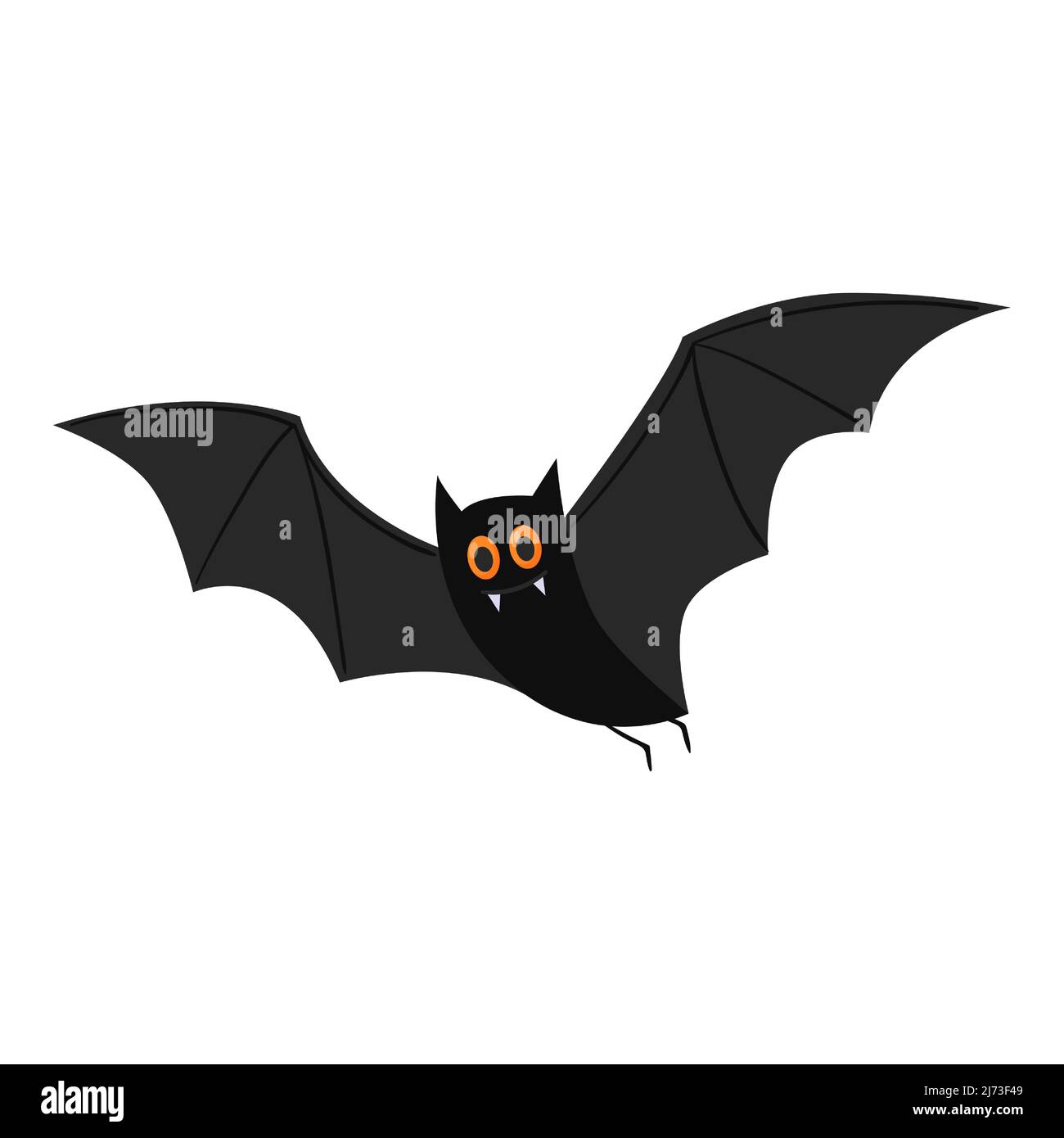 A flying bat with yellow eyes and white vampire fangs. Flat cartoon