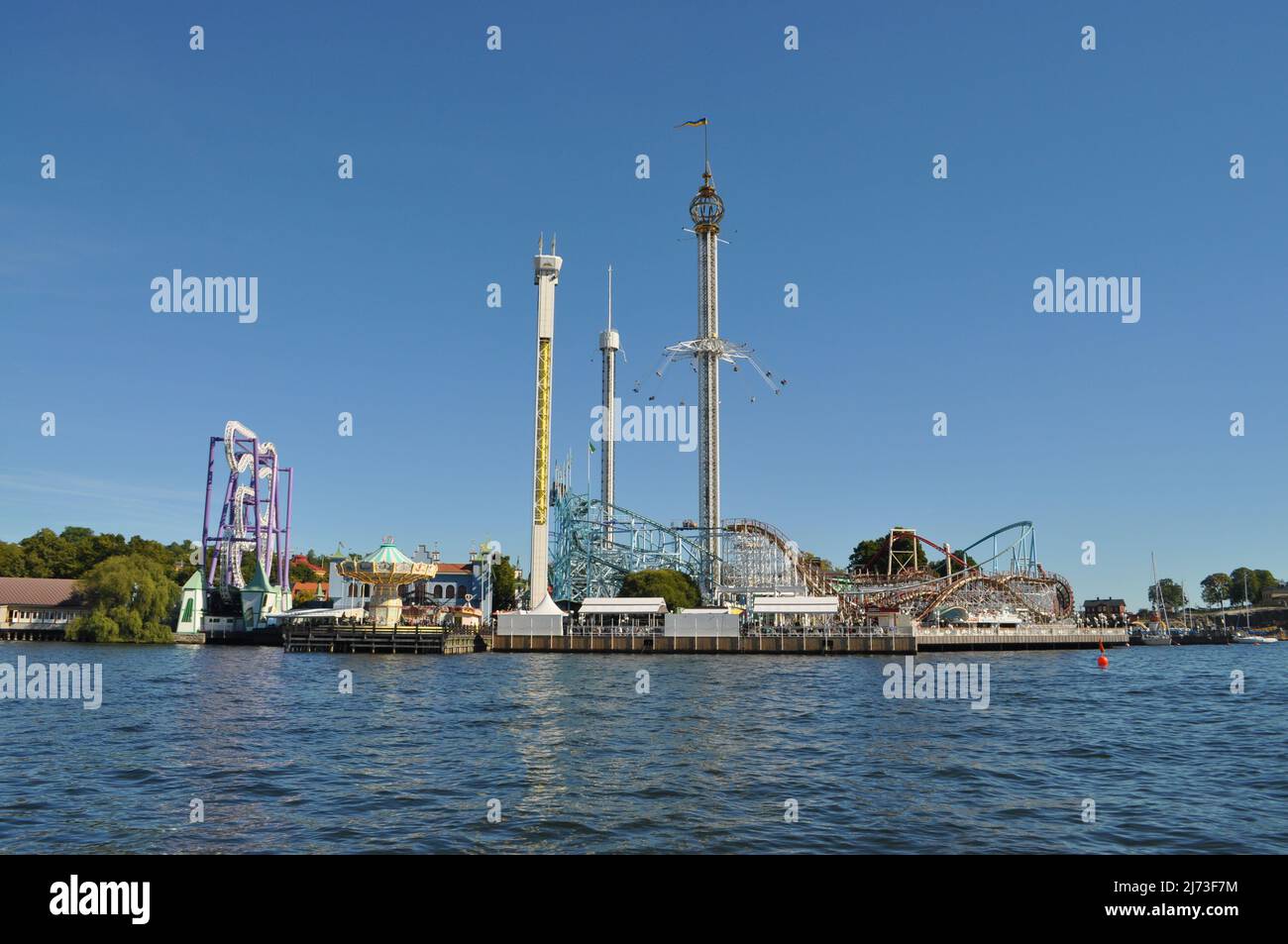 Roller coasters and rides at Gröna Lund, locally Grönan, is an amusement park in Stockholm, Sweden, located on the seaward side of Djurgården Island. Stock Photo