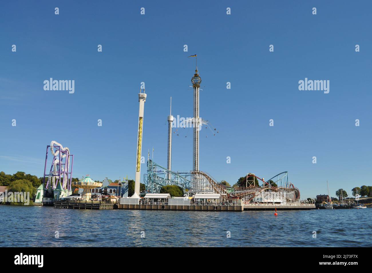 Roller coasters and rides at Gröna Lund, locally Grönan, is an amusement park in Stockholm, Sweden, located on the seaward side of Djurgården Island. Stock Photo