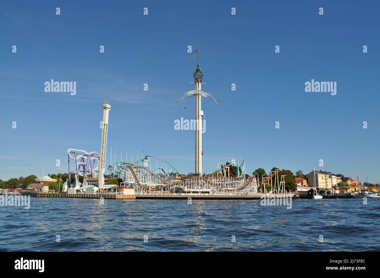 Roller coasters and rides at Gröna Lund, locally Grönan, is an amusement park in Stockholm, Sweden, located on the seaward side of Djurgården Island. Stock Photo