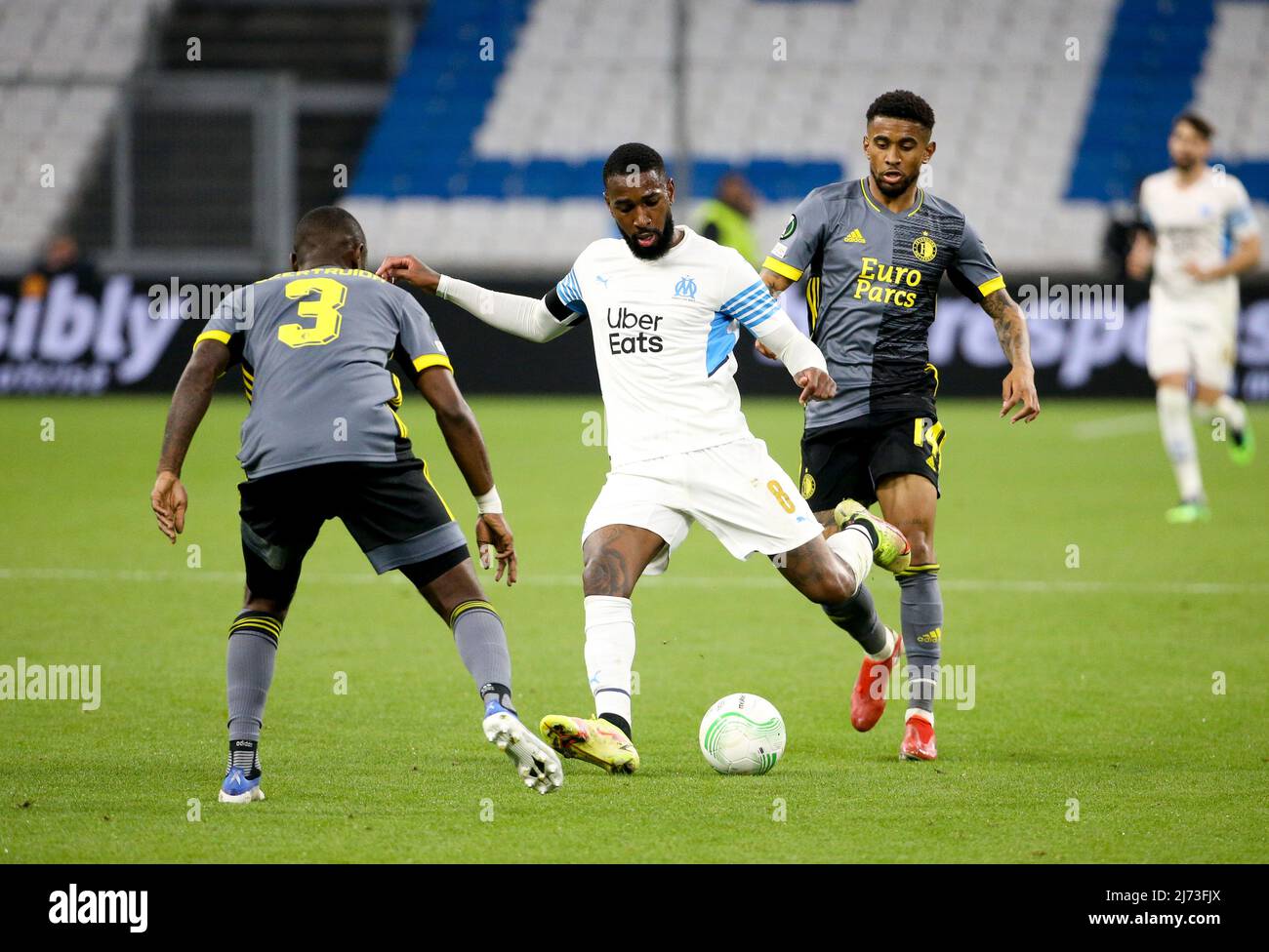 Gerson Santos da Silva of Marseille, Reiss Nelson of Feyenoord during the UEFA Europa Conference League semi-final second leg football match between Olympique de Marseille (OM) and Feyenoord Rotterdam on May 5, 2022 at Stade Velodrome in Marseille, France - Photo Jean Catuffe / DPPI Stock Photo