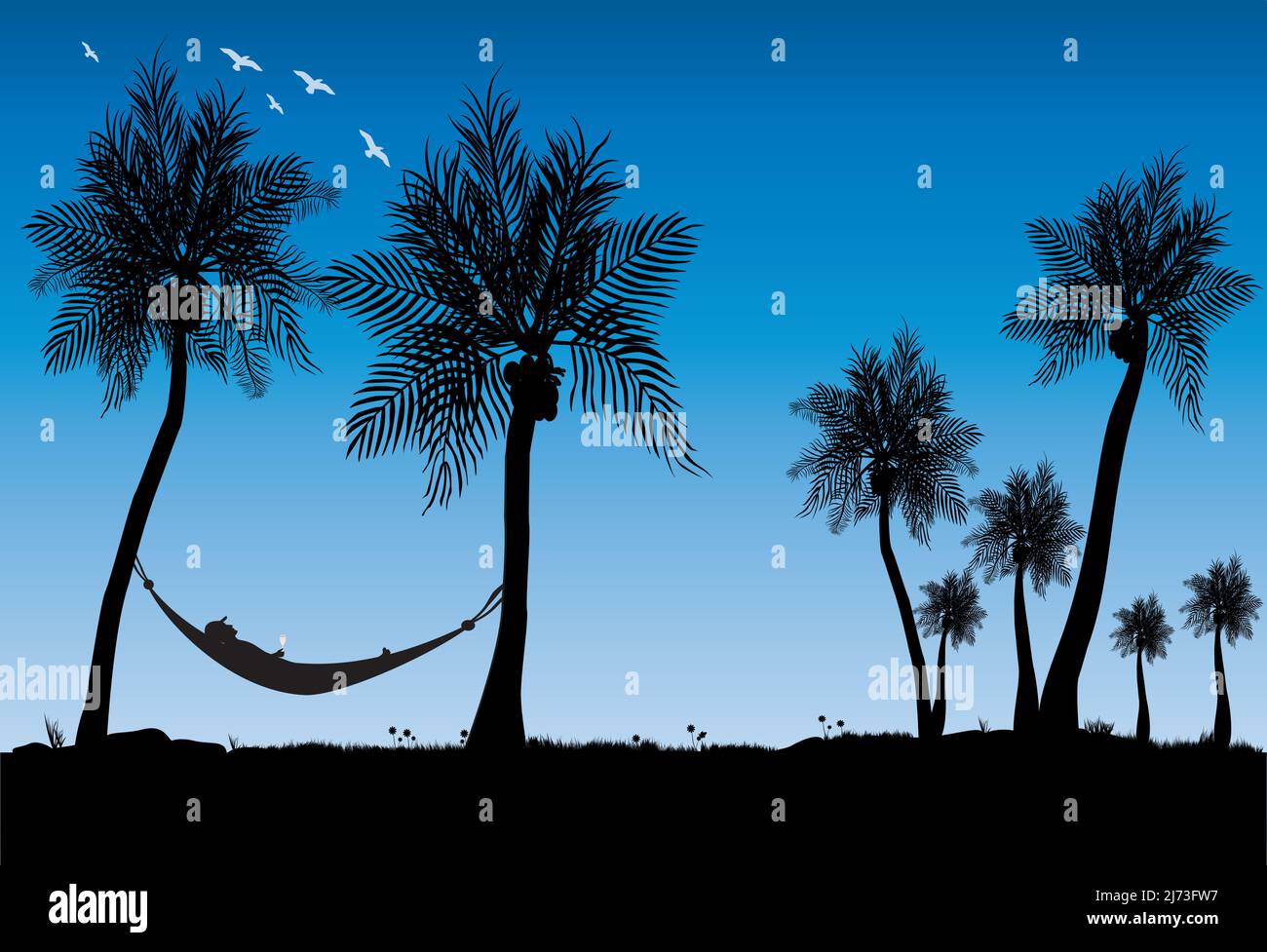 young man enjoying siesta time under the coconut trees with a glass of wine Stock Vector