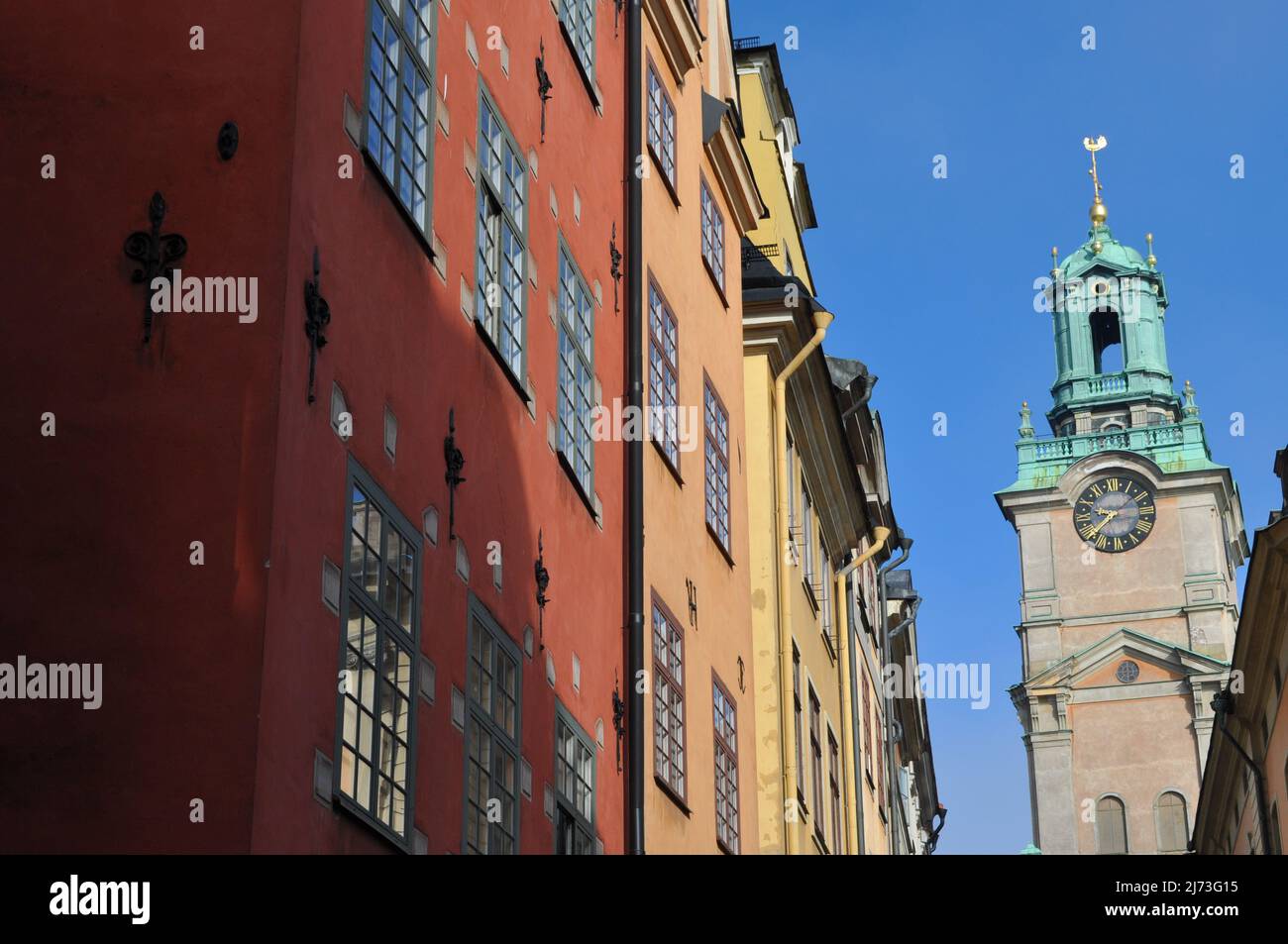 The facades of traditional colourful historic homes in