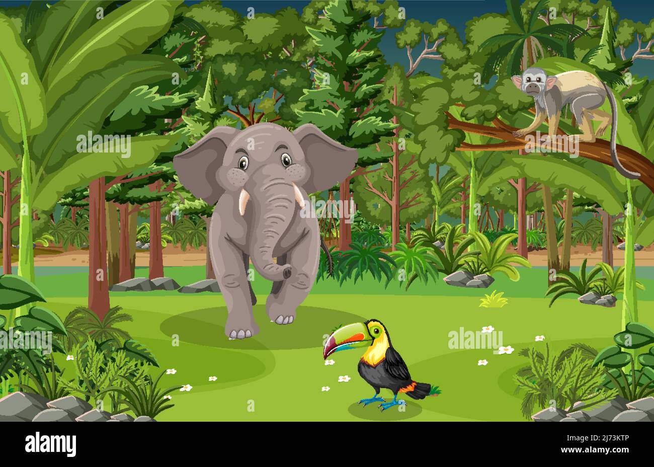 Forest scene with various wild animals illustration Stock Vector