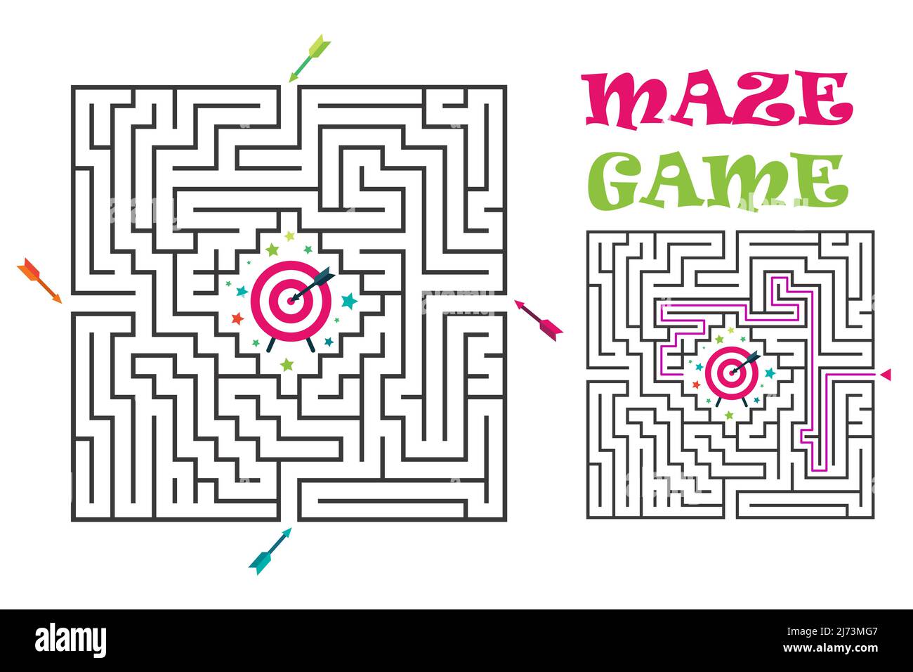 Square maze labyrinth game for kids. Labyrinth logic conundrum with target and arrows. 4 entrances and one right way to go. Vector flat illustration is Stock Vector
