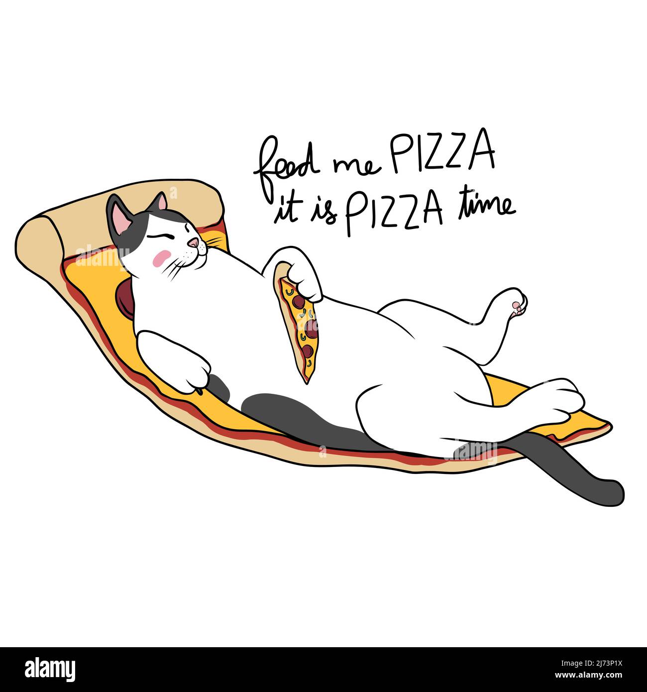 Fat cat sleeping on big pizza, Feed me Pizza it is Pizza time cartoon vector illustration Stock Vector