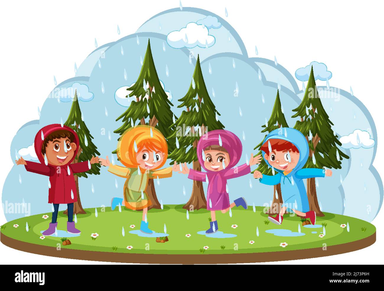 Isolated outdoor park with children playing raining illustration Stock ...