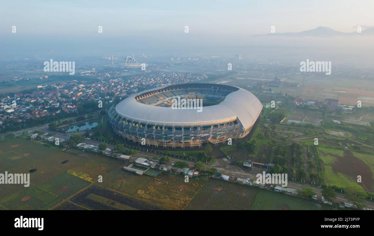Aerial view of the Beautiful scenery Gelora Bandung Lautan Api (GBLA) Football or Soccer Stadium