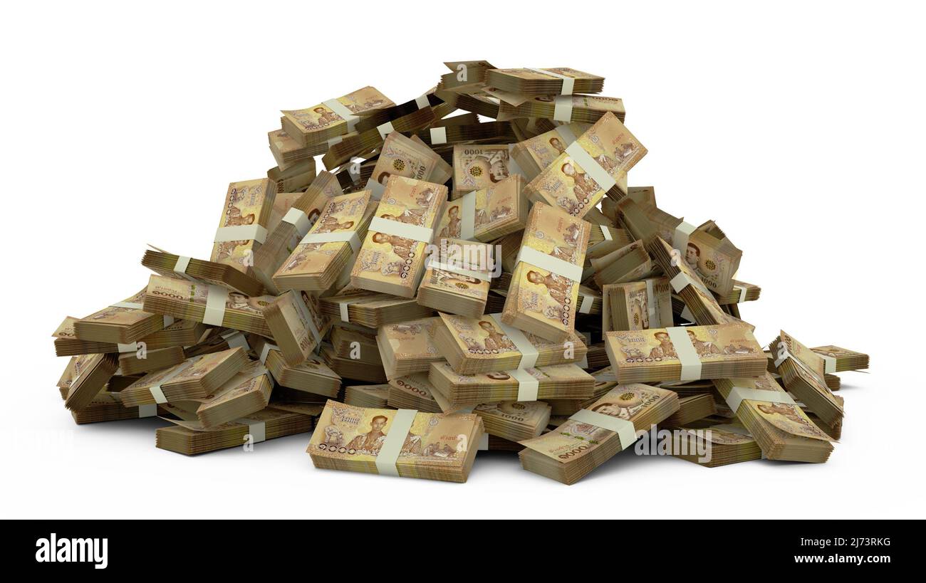 Big pile of Thai baht notes a lot of money over white background. 3d rendering of bundles of cash Stock Photo