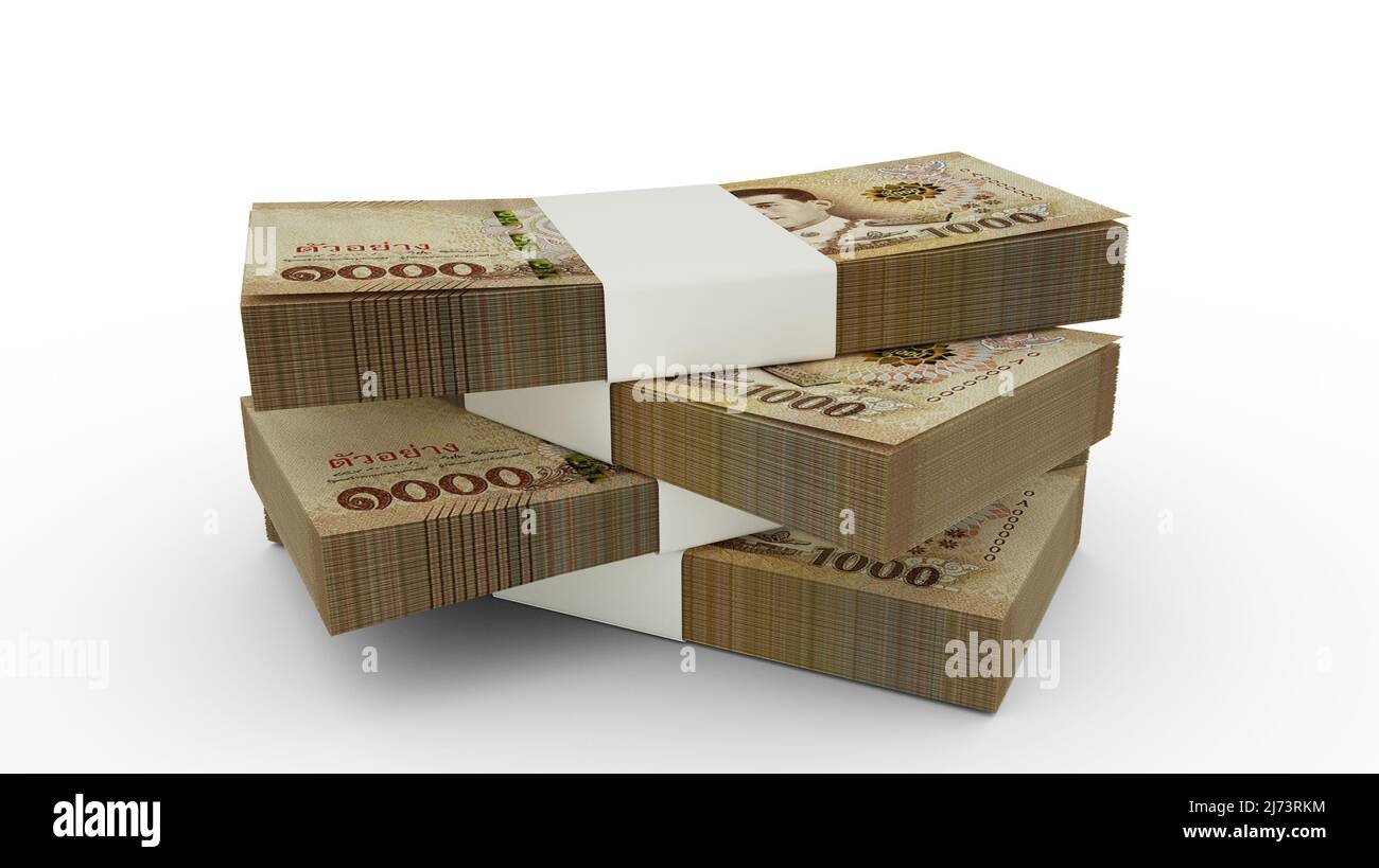 3d rendering of Stack of 1000 Thai baht notes. Few bundles of Thai currency isolated on white background Stock Photo