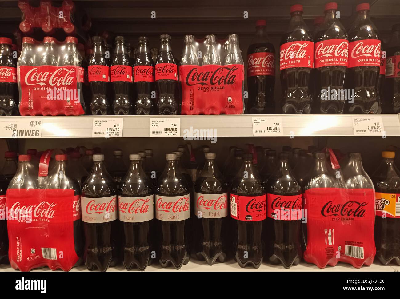 Coca-Cola bottles seen at Rewe supermarket. (Photo by Igor Golovniov / SOPA  Images/Sipa USA Stock Photo - Alamy