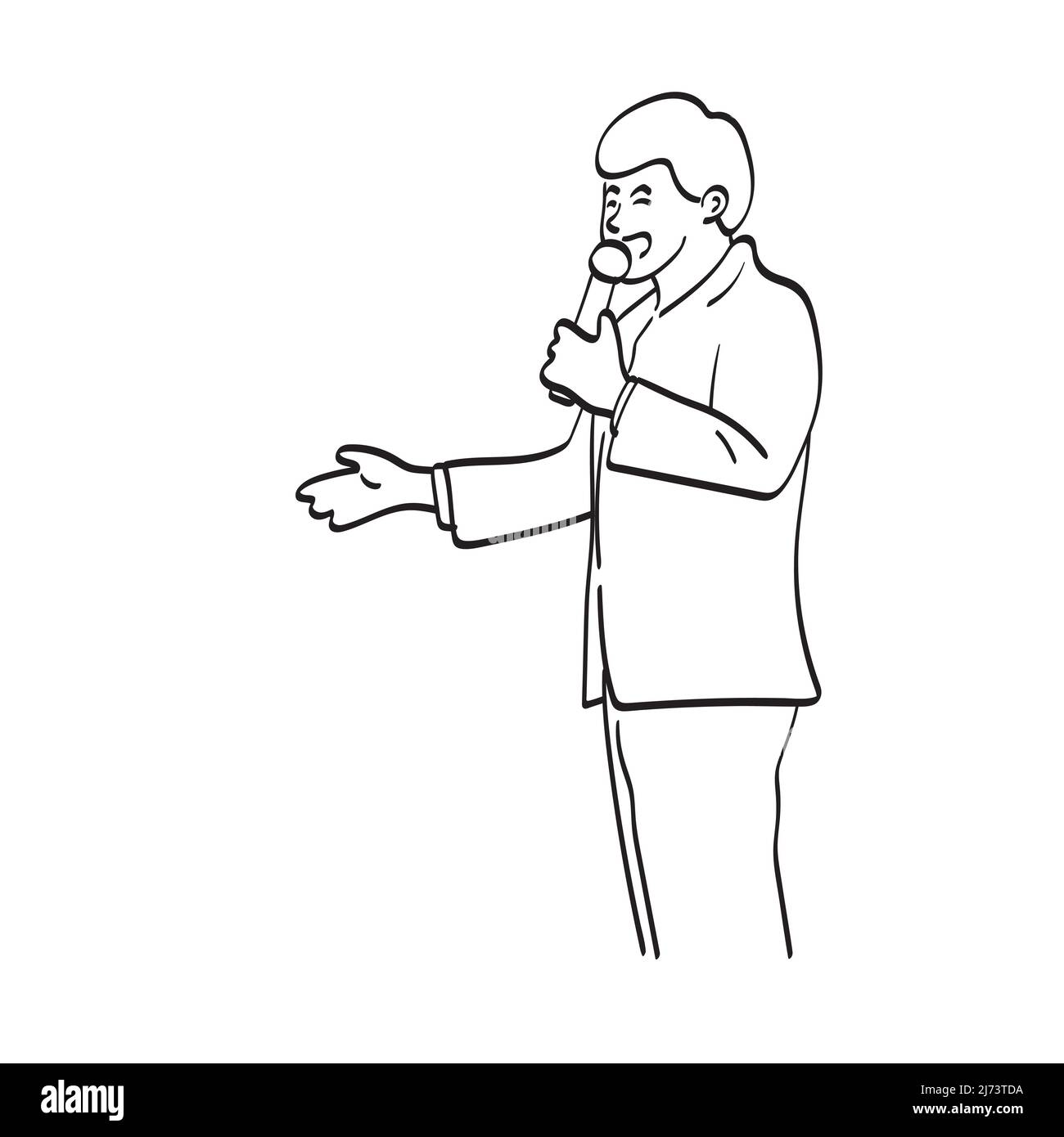 businessman speaking with microphone presenting copy space illustration ...