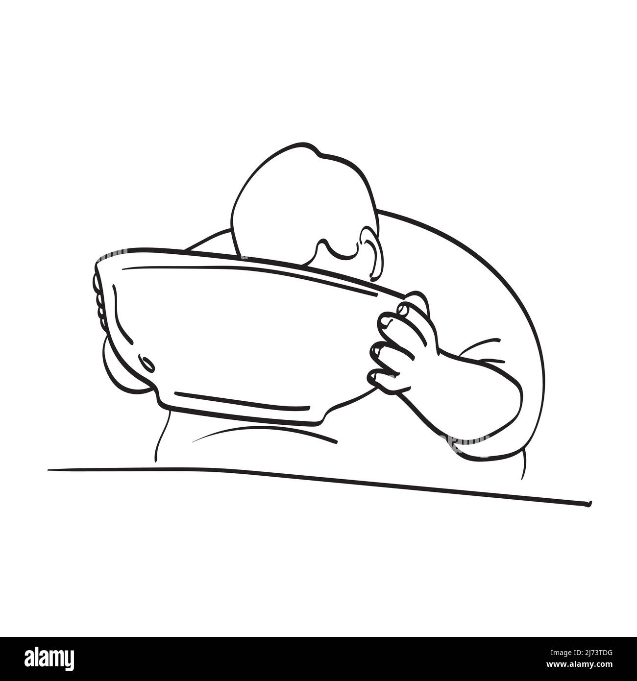 fat man drinking soup from big bowl illustration vector hand drawn isolated on white background line art. Stock Vector