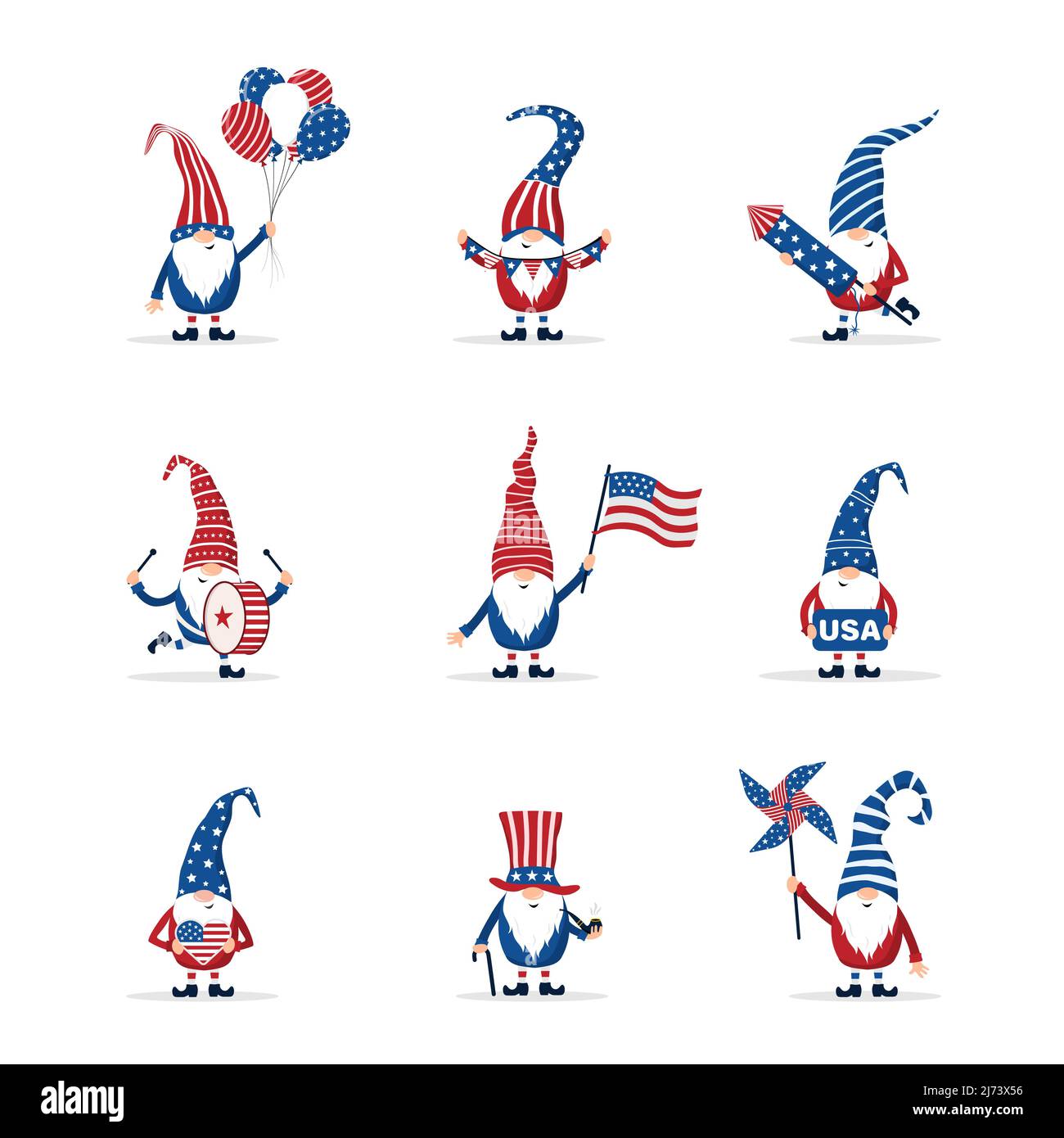 Patriotic american gnomes celebrate Independence day in the United States. Set of cute 