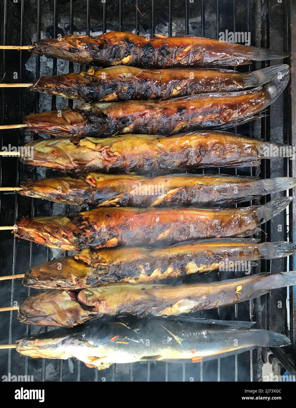 Catfish grilled on a charcoal grill, focus selective Stock Photo Alamy